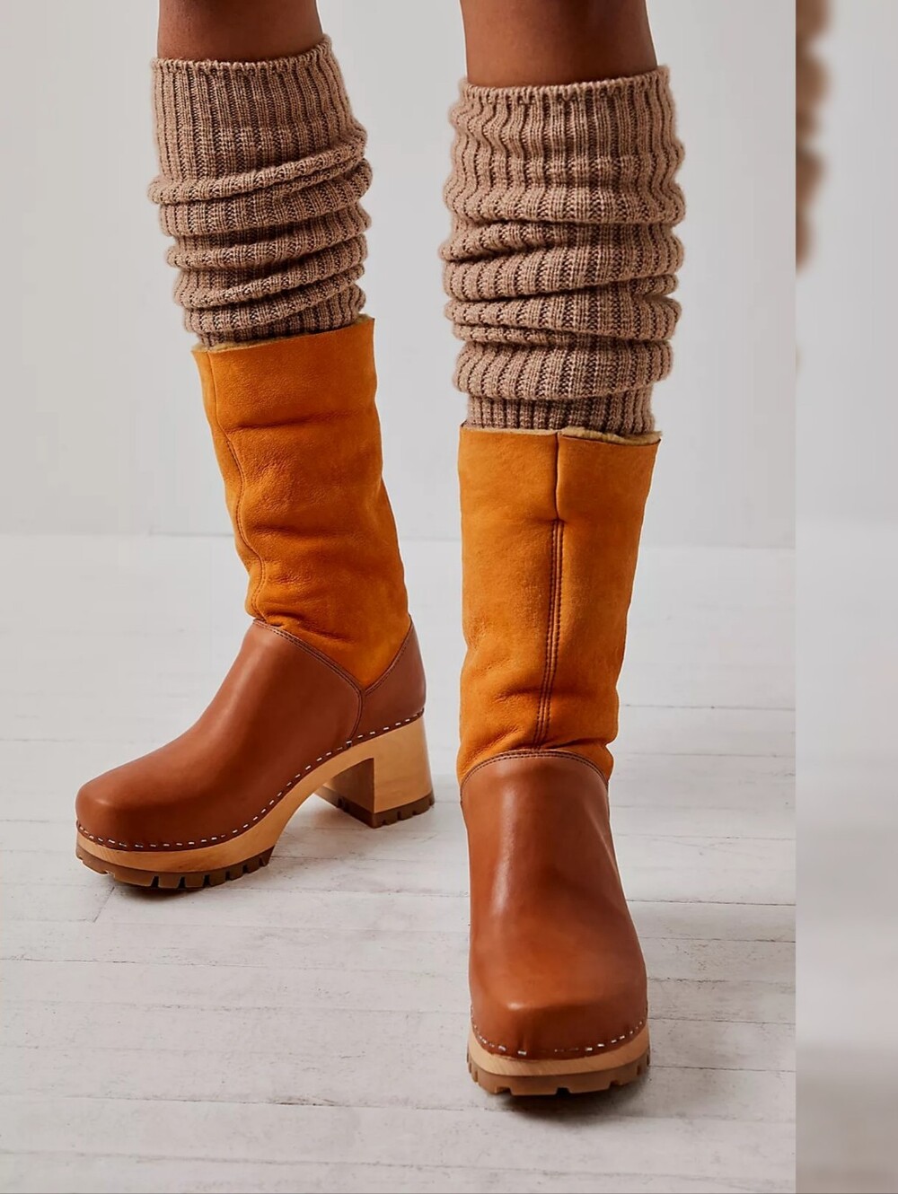 Free People Swedish Hasbeens High Shearling Lined Boots Tan Women's Size EU  38‎